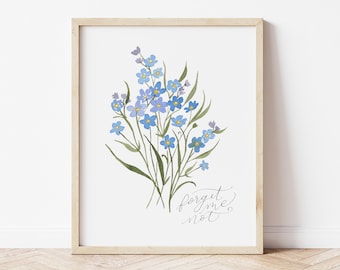 Forget Me Not Flowers Art Print - Blue Floral Calligraphy grief grieving miscarriage remembrance artwork pregnancy loss infertility IVF