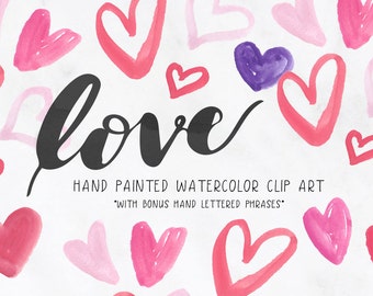 Love Hearts Hand Painted Watercolor Clipart Clip Art- Personal Commercial Use valentine's day heart pink red purple hand lettered stationery