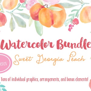 Sweet Georgia Peaches Hand Painted Watercolor Clipart Clip Art Personal Commercial Use fruit flowers peach coral pink wreath leaf wedding