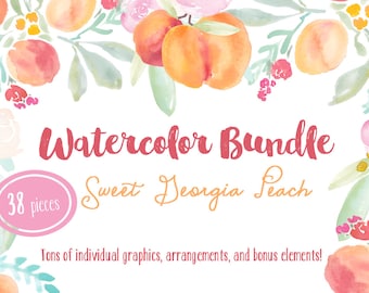 Sweet Georgia Peaches Hand Painted Watercolor Clipart Clip Art Personal Commercial Use fruit flowers peach coral pink wreath leaf wedding