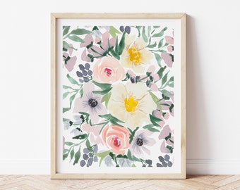 White and Purple Flowers Watercolor Art Print -  Floral Home Decor Artwork Rose Peony Berries Office Nursery Kitchen French Paris