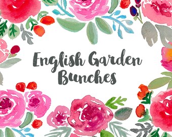 English Garden Bunches Hand Painted Watercolor Clipart Clip Art - Personal and Commercial Use peony posy blossom rose red pink green