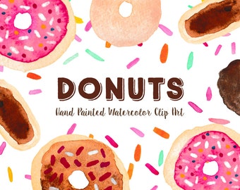 Donuts Pastry Hand Painted Watercolor Clipart Clip Art - Commercial Use doughnuts sprinkles frosting modern trendy cake stand eclair bakery