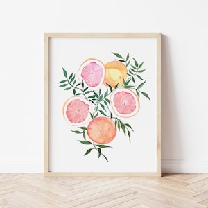Citrus Fine Art Print - Oranges Grapefruit Artwork modern watercolor illustration fruit pink yellow orange green boho