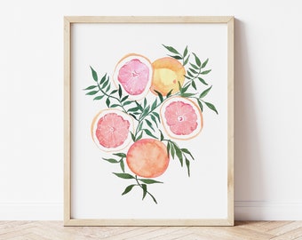 Citrus Fine Art Print - Oranges Grapefruit Artwork modern watercolor illustration fruit pink yellow orange green boho