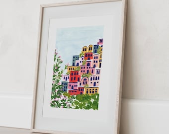 DIGITAL INSTANT DOWNLOAD- Positano Italy Amalfi Coast Colorful City Houses - City Street Art Print Painting Travel Artwork Wall Decor
