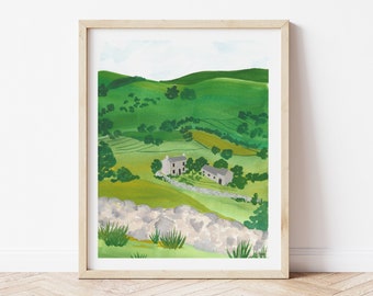 Ireland Irish Landscape Fine Art Print - Galway County Cork Dublin Countryside Green Fields Folk Art Watercolor Acrylic Gouache