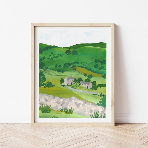 Ireland Irish Landscape Fine Art Print - Galway County Cork Dublin Countryside Green Fields Folk Art Watercolor Acrylic Gouache