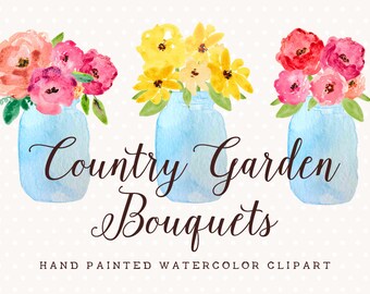 Country Garden Bouquets Mason Jar Hand Painted Watercolor Clip Art - Personal and Commercial Use peony posy blossom rose red pink green blue