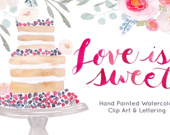 Love is Sweet Wedding Cake Hand Painted Watercolor Clipart Clip Art Personal Commercial Use peony blossom rose pink ethereal soft berries