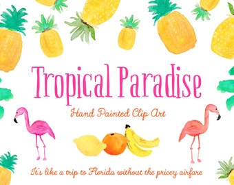 Pineapple Tropical Paradise Hand Painted Watercolor Clipart Clip Art - Personal and Commercial Use fruity flamingo palm tree lemon Florida