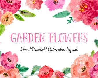 Garden Flowers Hand Painted Watercolor Clipart Clip Art - Personal and Commercial Use peony ranunculus posy blossom rose red pink green