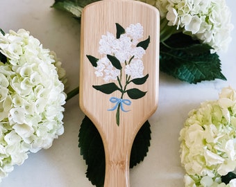 Hand Painted Floral Hairbrush - Keepsake Bridal Shower Gift Wedding hydrangea bow white blue