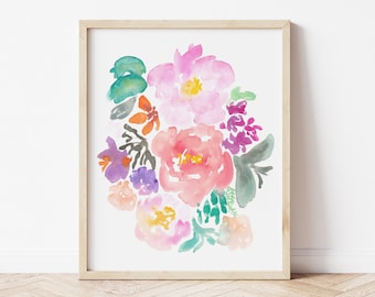 Jungle Boho Colorful Watercolor Flower Art Print - home decor wall artwork peony peonies rose garden pink fuchsia office feminine floral