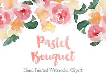 Pastel Flowers Bouquet Handpainted Watercolor Clipart Clip Art - Personal and Commercial Use peony posy blossom rose red pink green