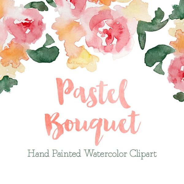 Pastel Flowers Bouquet Handpainted Watercolor Clipart Clip Art - Personal and Commercial Use peony posy blossom rose red pink green