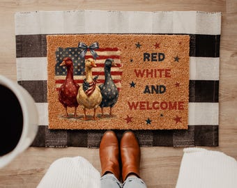 Red White And Welcome Doormat, 250 Years Anniversary Goose Home Decor, 4th of July Doormat, American Goose Rug,Independence Day Doormat Gift