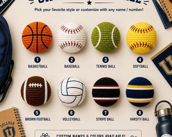 Personalized Sports Crochet Footbag, Custom Name Foot Bag Style Ball, Handmade Outdoor Basketball Baseball Football Gift
