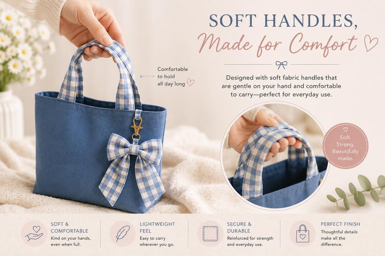 A blue canvas tote bag featuring blue and white gingham patterned fabric handles and a matching gingham bow charm. The bag includes text stating SOFT HANDLES, Made for Comfort, and highlights features like soft fabric handles and durable construction.