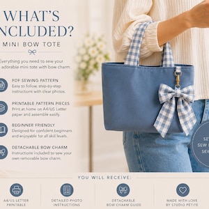 A blue mini tote bag with matching blue and white gingham handles and a detachable gingham bow charm. The image includes text detailing a sewing pattern kit, including PDF instructions, printable pattern pieces, and a bow guide.