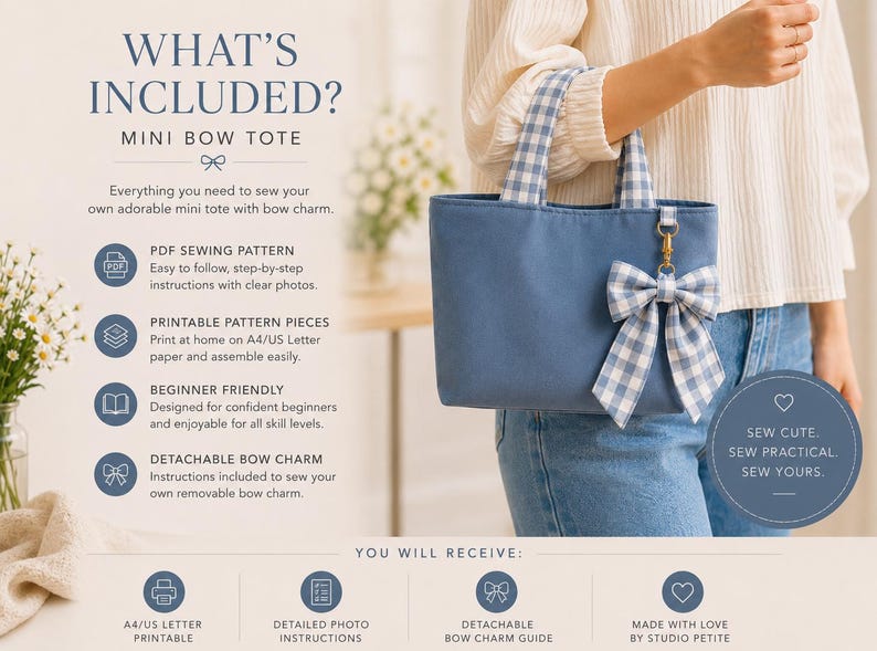 A blue mini tote bag with matching blue and white gingham handles and a detachable gingham bow charm. The image includes text detailing a sewing pattern kit, including PDF instructions, printable pattern pieces, and a bow guide.