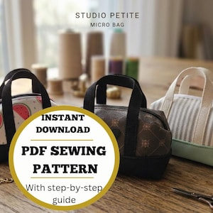 May include: Three miniature fabric bags with handles, each with a unique design: watermelon print, brown floral, and striped. The bags are on a wooden table with sewing notions and the text "PDF Sewing Pattern".