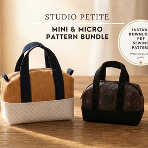 May include: Two small fabric handbags, one tan with a white patterned base and navy handles, the other dark brown with a repeating pattern and black handles. Text reads: STUDIO PETITE MINI & MICRO PATTERN BUNDLE INSTANT DOWNLOAD PDF SEWING PATTERN.
