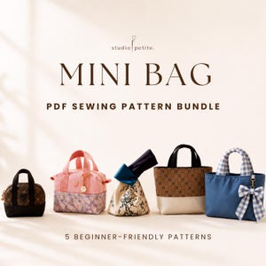 May include: A PDF sewing pattern bundle titled MINI BAG by studio petite. The image displays five small bags: a brown patterned bag, a pink floral bag with a charm, a floral knot bag, a brown patterned bag with a metallic base, and a blue bag with a gingham bow.
