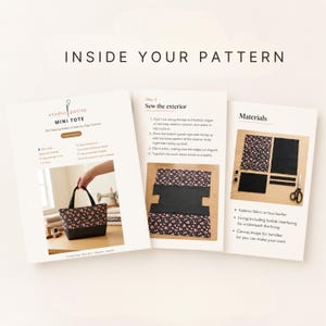 May include: A digital sewing pattern for a mini tote bag titled Inside Your Pattern by Studio Petite. The document includes step-by-step instructions, a materials list, and a photo of a finished black floral tote bag measuring 26cm W x 18cm H x 8cm D.