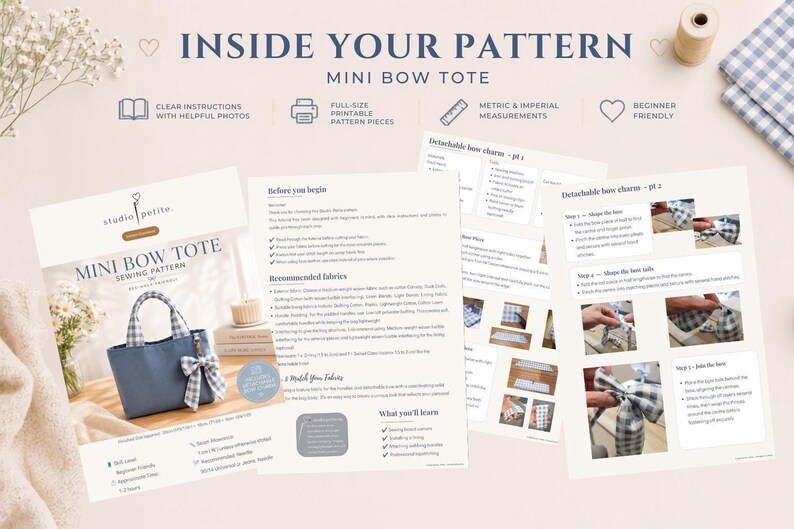 Mini Bow Tote PDF sewing pattern showing step-by-step guide, printable pattern pieces and instant digital download.