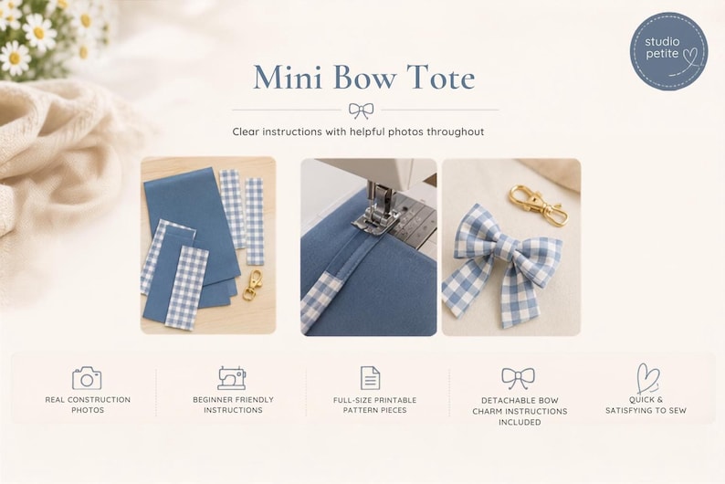 A collage shows a blue and white gingham fabric, a sewing machine stitching fabric, and a blue and white gingham bow charm with a gold clasp.