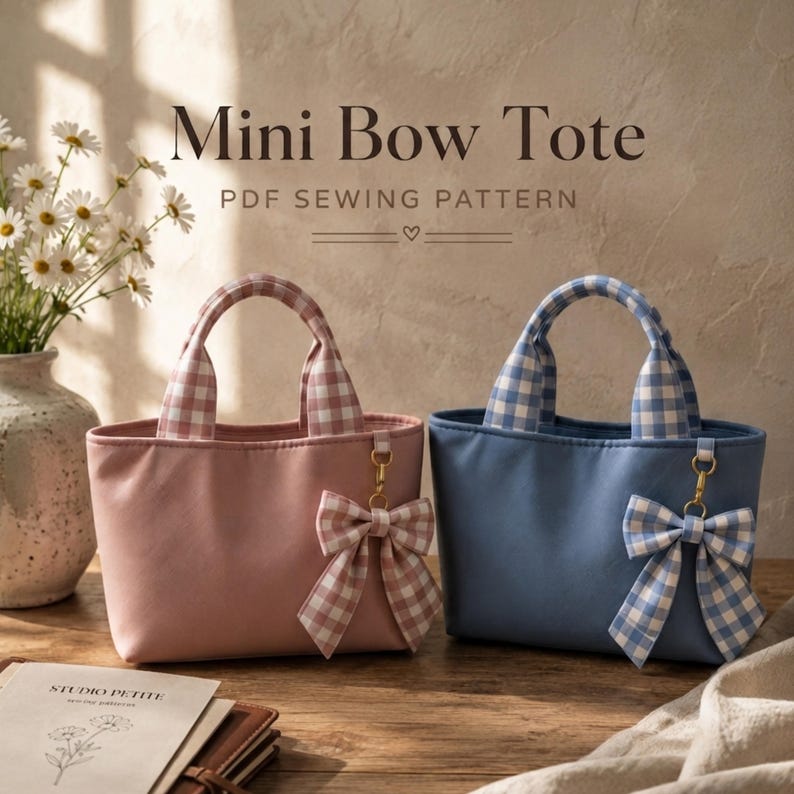 May include: Two mini tote bags, one in dusty pink and one in slate blue, each featuring matching gingham handles and a decorative gingham bow attached with a gold-tone clasp. The text Mini Bow Tote PDF SEWING PATTERN is visible above.