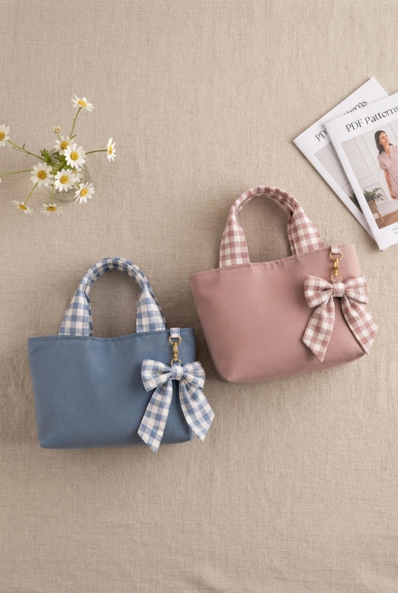 May include: Two small tote bags with handles and a decorative bow attached to a gold-tone clasp. One bag is dusty blue with blue and white gingham handles and a matching bow. The other bag is dusty pink with pink and white gingham handles and a matching bow.