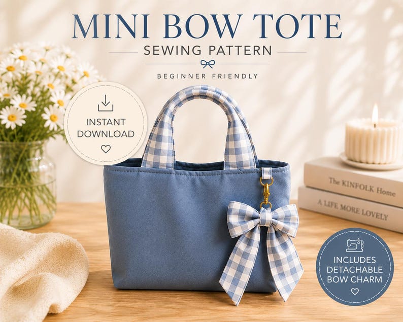 Blue gingham mini bow tote bag sewing pattern with soft padded handles and a detachable bow charm. Beginner-friendly PDF sewing pattern with instant download.