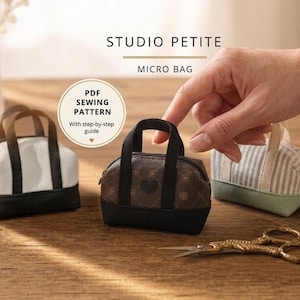 May include: Three miniature bags with black handles and bases, including one white textured bag, one brown patterned bag with a heart, and one striped bag. Text reads STUDIO PETITE MICRO BAG and PDF SEWING PATTERN With step-by-step guide.