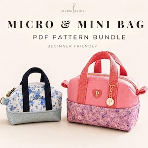May include: A micro and mini bag PDF pattern bundle by studio petite. The micro bag features a blue floral print with navy handles and a silver base. The mini bag is pink with a floral base, heart and circular charms, and pink handles.