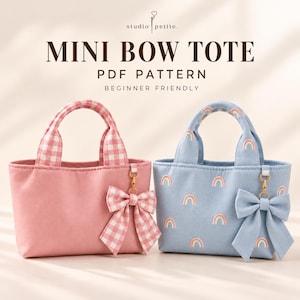 May include: Two mini tote bags with text reading MINI BOW TOTE PDF PATTERN BEGINNER FRIENDLY. One bag is solid pink with a pink gingham handle and bow. The other is light blue with rainbow prints, a matching handle, and a blue bow.