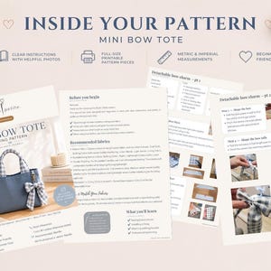 Mini Bow Tote PDF sewing pattern showing step-by-step guide, printable pattern pieces and instant digital download.