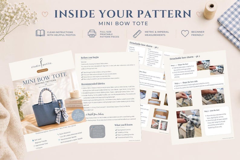 Mini Bow Tote PDF sewing pattern showing step-by-step guide, printable pattern pieces and instant digital download.