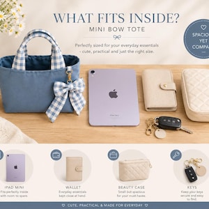 Mini Bow Tote filled with everyday essentials to show the finished size and storage capacity.