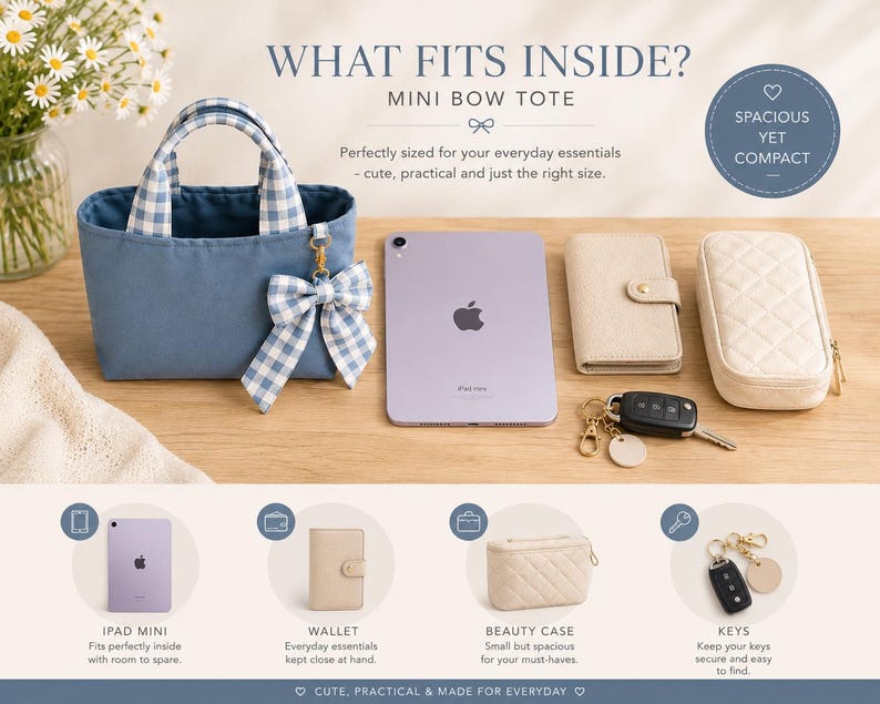 Mini Bow Tote filled with everyday essentials to show the finished size and storage capacity.