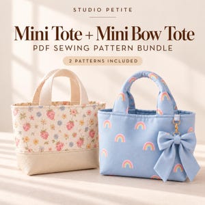 May include: A PDF sewing pattern bundle titled Studio Petite Mini Tote + Mini Bow Tote 2 Patterns Included. The image displays two small tote bags: one with a cream background featuring pink strawberries and flowers, and one light blue with rainbow prints and a matching fabric bow.