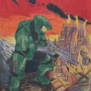 May include: A colored pencil drawing of a green armored soldier in a crouched position holding a purple plasma rifle. The soldier stands on a rocky outcrop overlooking a burning city skyline under a dark red sky with black smoke plumes.