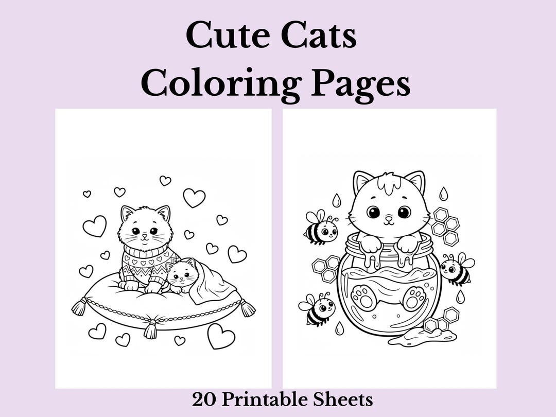 Cute Cats Coloring Pages Printable PDF | 20 Cute Cat Designs | Kids ...
