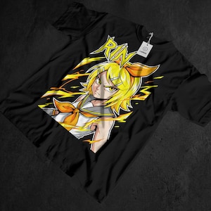 May include: Black t-shirt featuring a vibrant anime-style illustration. The design showcases a character with yellow hair and a matching bow, wearing a sailor-style uniform. The word "RIN" is displayed in a stylized font above the character.