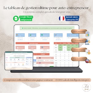 Peut inclure: Un ordinateur portable et une tablette affichent un système de gestion financière. L'écran montre des tableaux de données avec des indicateurs financiers. Le texte comprend "Google Sheets" et "Spécial micro-entreprise FR". L'image contient aussi le texte "Comprenez enfin combien vous gagnez vraiment +13 000 calculs intelligents intégrés".