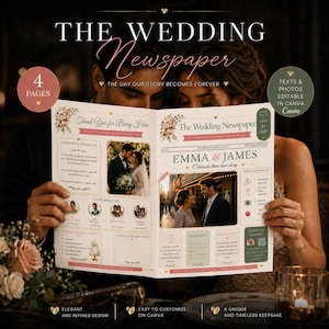 Wedding Newspaper Template Canva, Editable Wedding Program, 4 Page Printable Wedding Keepsake, Pink Green