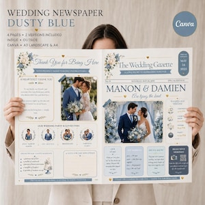 Gazette de mariage anglaise Canva, 2 versions de 4 pages, bleu poudré et doré