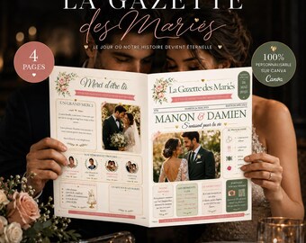 Gazette des Mariés Rose Poudré Canva, Journal de Mariage 4 Pages Personnalisable, PDF à Imprimer, Souvenir Mariage
