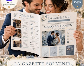 Gazette Mariage Canva Bleu Poudré | Journal des Mariés Personnalisable, Jeux Invités, QR Code